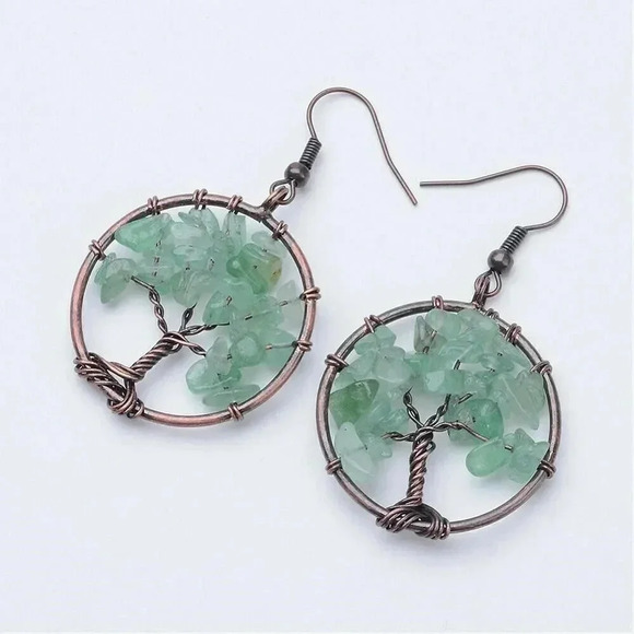 Rustic Antique Copper Aventurine Tree of Life Gemstone Beads Dangle Earrings - Picture 1 of 1